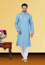 Tikki Work Blue Kurta Pajama On Georgette Fabric
