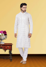 Hexagon Shape White Mirror Work Kurta Pajama