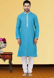 Lucknowi Chikankari Work Blue Kurta Pajama