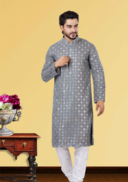 Grey Mirror Work Kurta Pajama On Silk Fabric