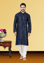 Blue Mirror Work Kurta Pajama On Silk Fabric