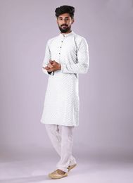 White Chikankari And Sequance Work Kurta With White Pajama