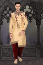 Artistic Handwork Gold Maroon Wedding Dhoti Sherwani
