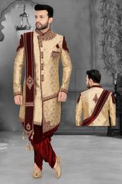 Asymmetrical Cut Gold Maroon Wedding Dhoti Sherwani