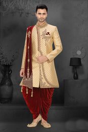 Trendy Gold Maroon Brocade Silk Wedding Dhoti Sherwani