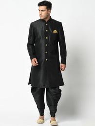 Bold Black Dupion Silk Sherwani With Dhoti