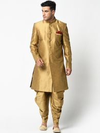 Pristine Golden Dupion Silk Sherwani With Dhoti