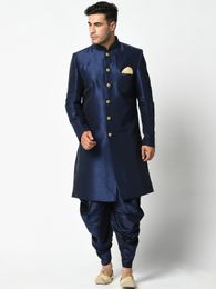 Navy Blue Dupion Silk Sherwani With Dhoti