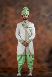 Handwork Design Off White And Green Silk Sherwani