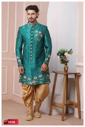 Graceful Teal Green Banarasi Silk Indo Western Sherwani