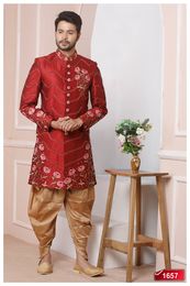 Suave Maroon Self Designer Banarasi Silk Indo Western Sherwani