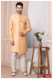 Royal Peach Asymmetrical Banarasi Silk Indo Western Sherwani