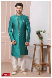 Timeless Teal Green Classical Silk Indo Western Sherwani
