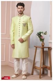 Prince Pista Light Green Banarasi Silk Indo Western Sherwani