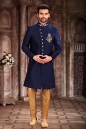 Blue Color Art Silk Indo Western Sherwani With Handwork Touch Up