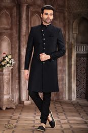 Kedia Style Art Silk Black Indo Western Sherwani