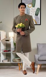 Burnt Olive Color Lucknowi With Tikki Work Indo Western Sherwani