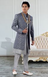 Lucknowi Work Modern Grey Jacket Style Sherwani