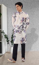 White Color Floral Silk Kurta Pajama