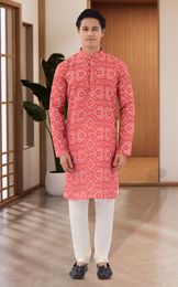 Festive Wear Red Cotton Print Kurta Set