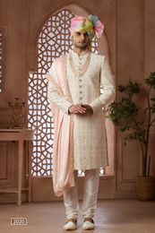Elegant Cream Sherwani With Beautiful Embroidery Work