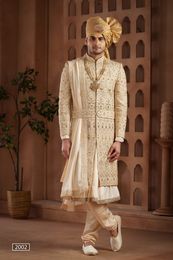 All Over Handwork Beige Sherwani With Anarkali Kurta