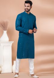 Chikankari And Sequin Work Teal Kurta In Rayon Fabric