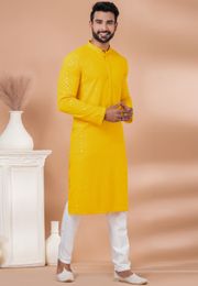 Chikankari And Sequin Work Yellow Kurta In Rayon Fabric