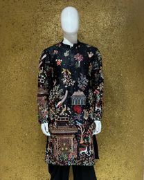 Beautiful Multi Color Embroidery Work Black Malai Silk Kurta Set