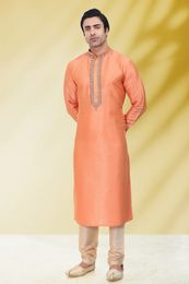 Beautiful Peach Color Embroidery Work Kurta Pajama