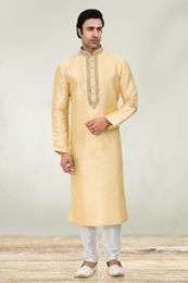 Gold And White Color Combination Embroidery Work Kurta Pajama