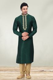 Bottle Green Embroidered Kurta With Golden Pajama