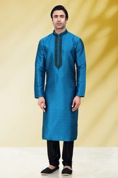 Blue Embroidered Kurta With Black Pajama