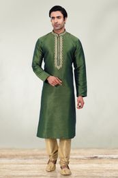 Green Embroidered Kurta With Golden Pajama