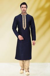 Navy Embroidered Kurta With Golden Pajama
