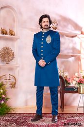 Party Wear Royal Blue Indo Western Sherwani In Imported Suiting Fabric