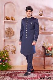 Party Wear Navy Blue Indo Western Sherwani In Imported Suiting Fabric