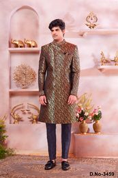Party Wear Indowestern Sherwani In Black And Gold Combination Banarasi Silk Fabric