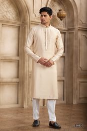 Beautiful Beige Mirror Work Embroidery Kurta Pajama