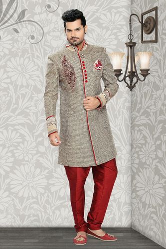 Pristine Beige & Grey Color Silk Indo Western Sherwani