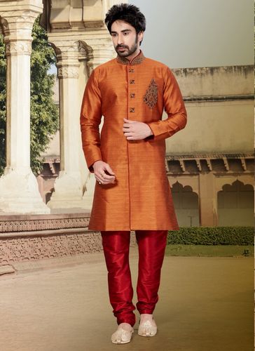 Orange Color Attractive Look Ghicha Silk Indo Western Sherwani