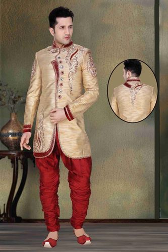 Cream Color Jamawar Indo Western Sherwani
