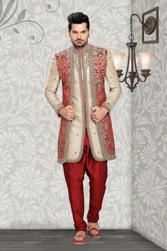 Glamorize Beige & Maroon Color Indo Western Sherwani