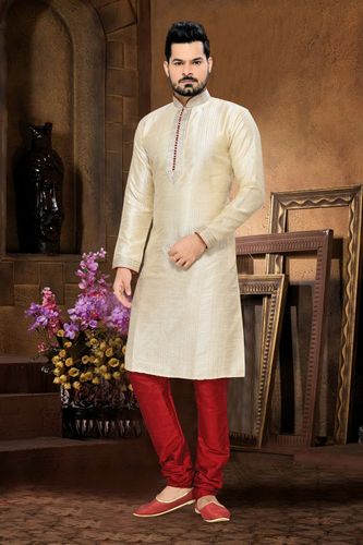 Cream Art Silk & Jacquard  Embroidery Kurta Payjama