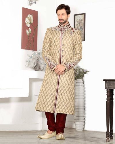 Pleasant Look Banarasi Beige Cream Royal Sherwani