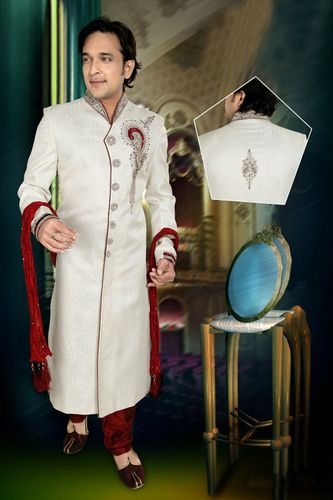 Antique White Color V Neck Royal Sherwani