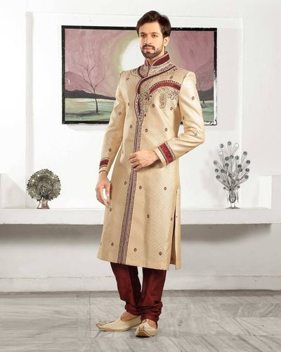Ruffled Beige Color Wedding Look Royal Sherwani