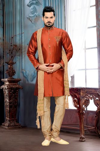 Extra Ordinarry Look Mens Orange Color Royal Sherwani