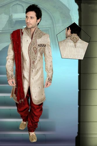 Pin Tuck Charm Cream Color Mens V Neck Royal Sherwani