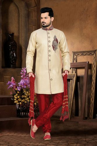 Gorgeous Look Mens Cream Color Royal Sherwani